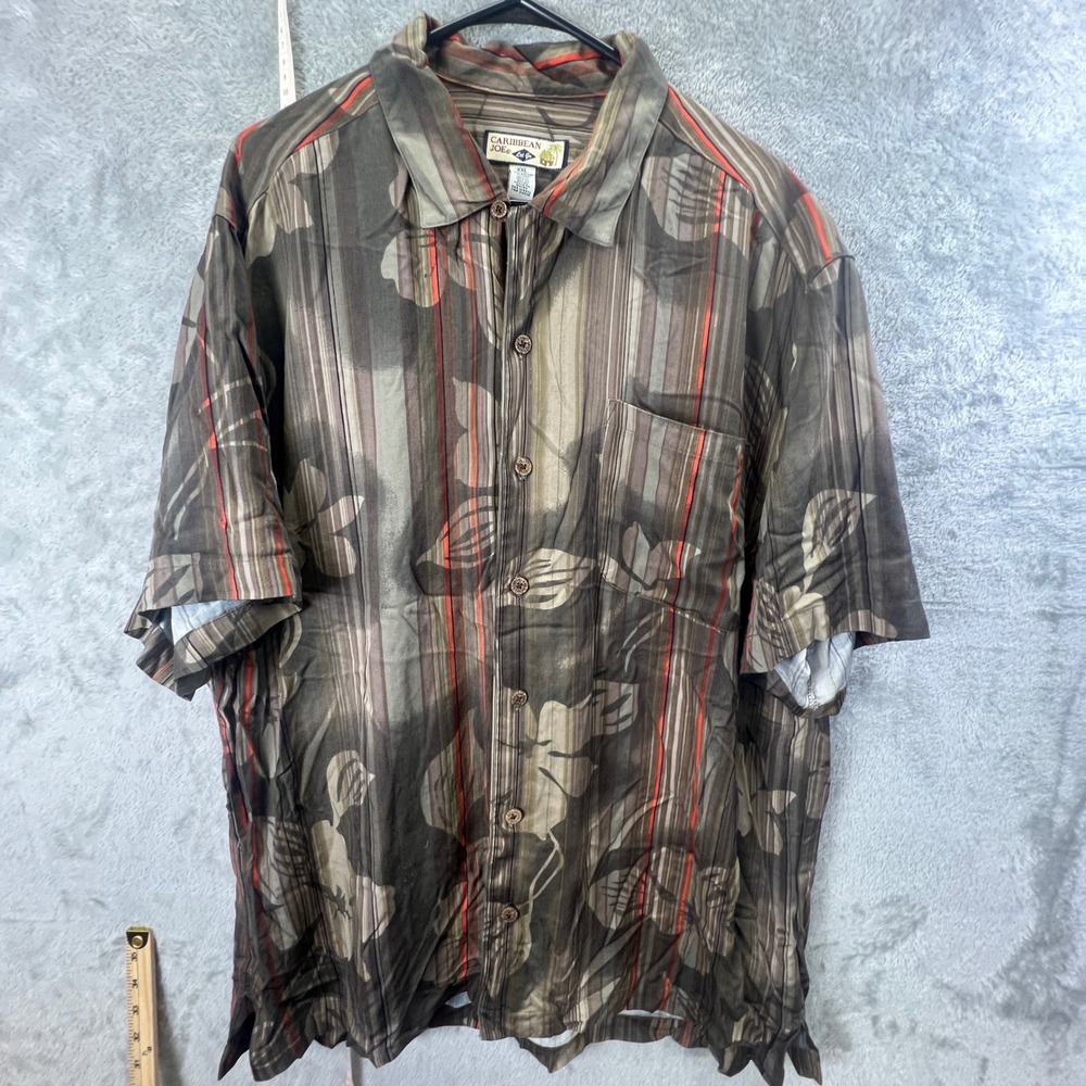 Caribbean‎ Joe Mens XXL Brown Floral Striped Rayon Hawaiian Button Down Shirt